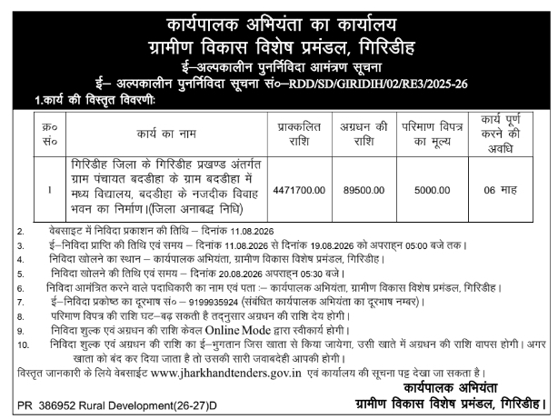 E-Tender Notice for Marriage Hall Building Construction by Rural Development