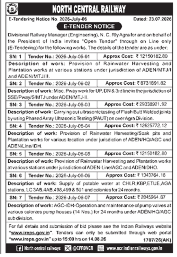 E-Tender Notice for Multi-Station Rainwater Harvesting and Track Works
