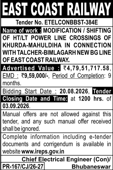 E-Tender Notice for Power Line Crossings Modification by East Coast Railway