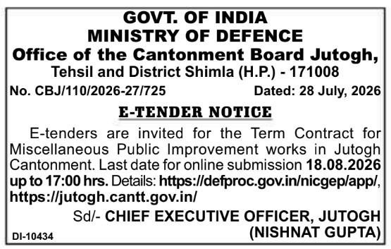 E-Tender Notice for Public Improvement Works by Cantonment Board Jutogh