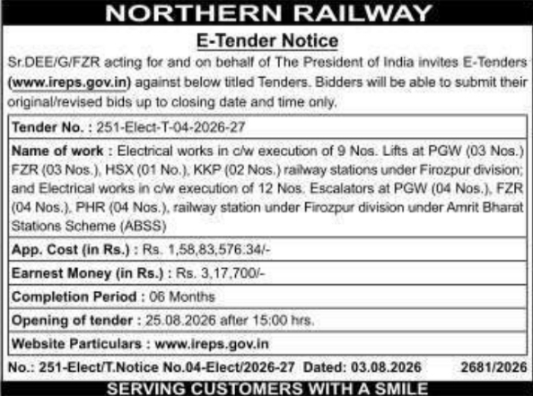 E-Tender Notice for Railway Lift and Escalator Installation