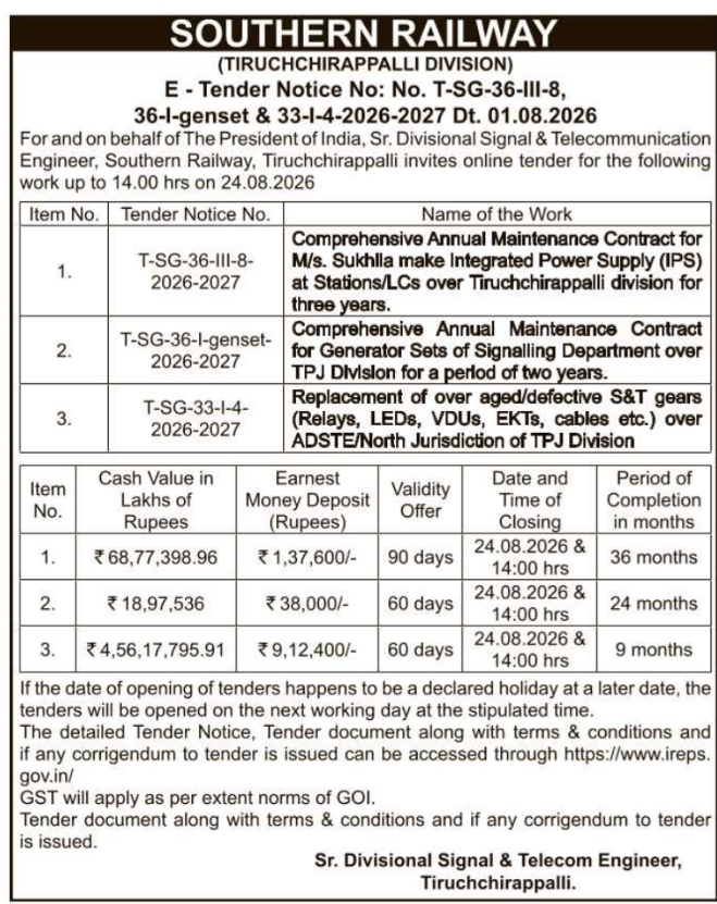 E-Tender Notice for Railway Maintenance and Equipment