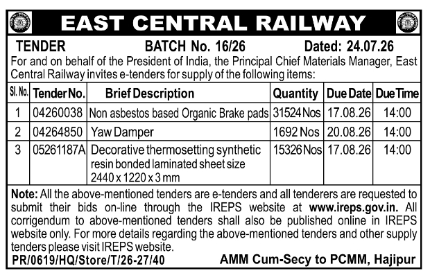 E-Tender Notice for Railway Material Supply by East Central Railway