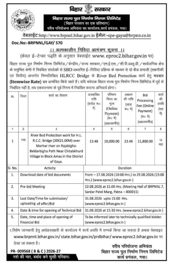 E-Tender Notice for River Bed Protection Work by Bihar Rajya Pul Nirman Nigam Limited