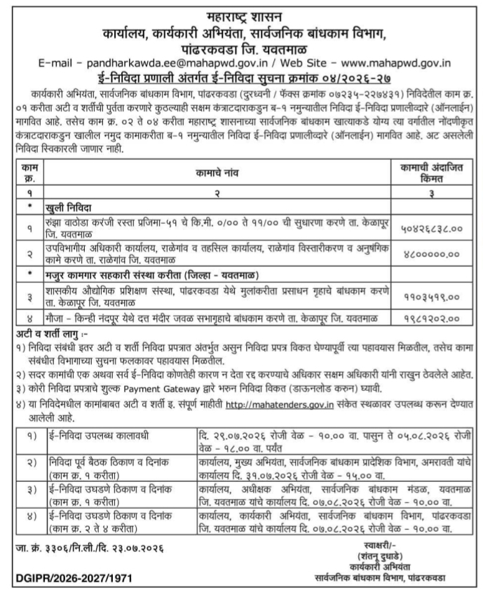 E-Tender Notice for Road and Building Works by Public Works Department Pandharkawda