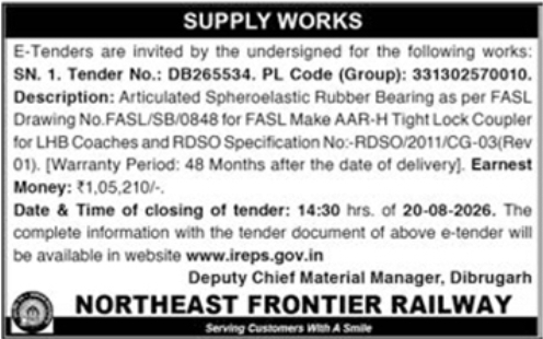 E-Tender Notice for Rubber Bearings by Northeast Frontier Railway