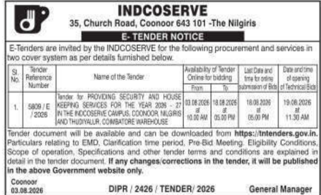 E-Tender Notice for Security and Housekeeping Services