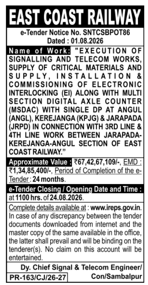 E-Tender Notice for Signalling and Telecom Works by East Coast Railway