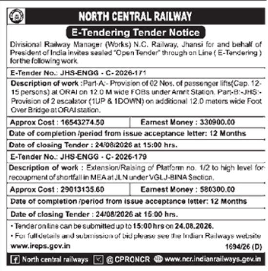E-Tender Notice for Station Passenger Lifts and Platform Raising