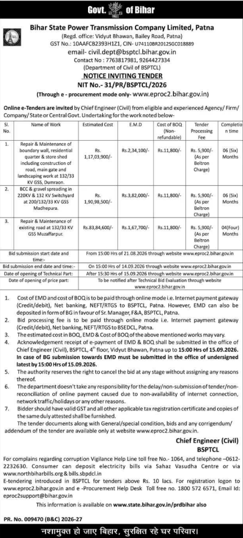 E-Tender Notice for Substation Civil Maintenance by BSPTCL
