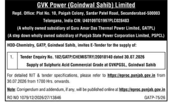 E-Tender Notice for Sulphuric Acid Supply by GVK Power Limited