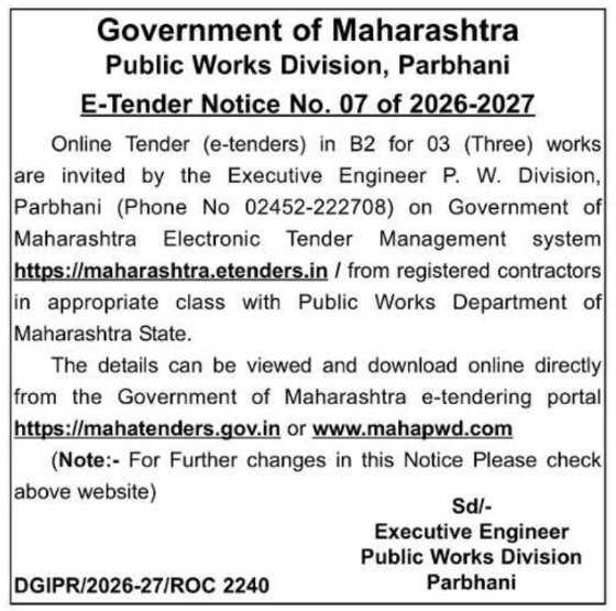 E-Tender Notice for Three Civil Engineering Works by PWD Parbhani