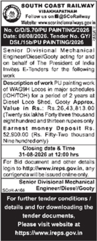 E-Tender Notice for WAG9H Locomotive PU Painting by South Coast Railway