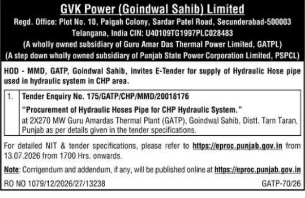 E-Tender Notice: GVK Power Hydraulic Hose Procurement