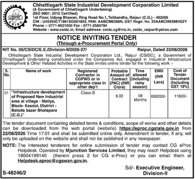 E-Tender Notice: Infrastructure Development in Baloda Bazar Bhatapara