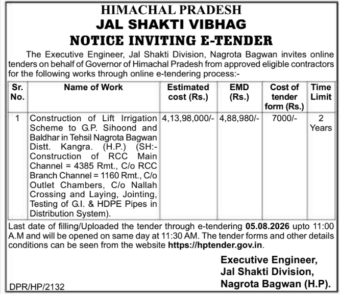E-Tender Notice: Lift Irrigation Scheme Construction