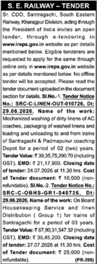 E-Tender Notice: Linen Washing and Housekeeping Services, South Eastern Railway