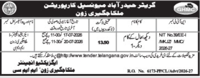 E-Tender Notice: Maintenance Work Greater Hyderabad Municipal Corporation, Malkajgiri Zone