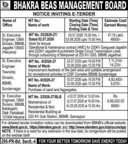 E-Tender Notice: Multiple Works at Bhakra Beas Management Board (BBMB)