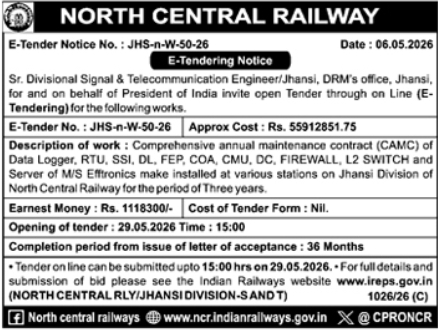 E-Tender Notice: North Central Railway (Jhansi Division)