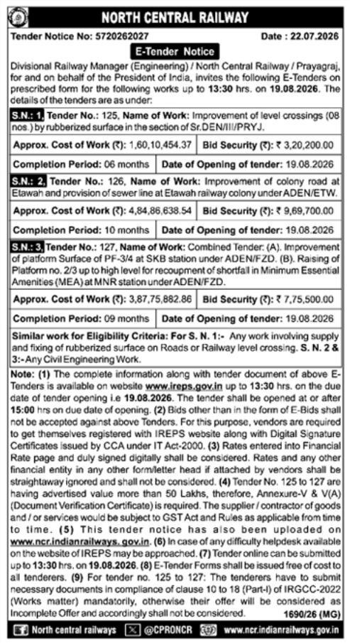 E-Tender Notice: North Central Railway Prayagraj Division Engineering Projects