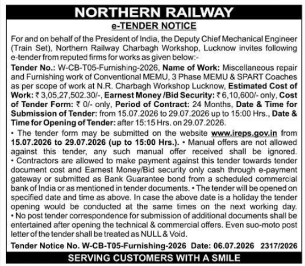 e-Tender Notice: Northern Railway, Charbagh Workshop, Lucknow