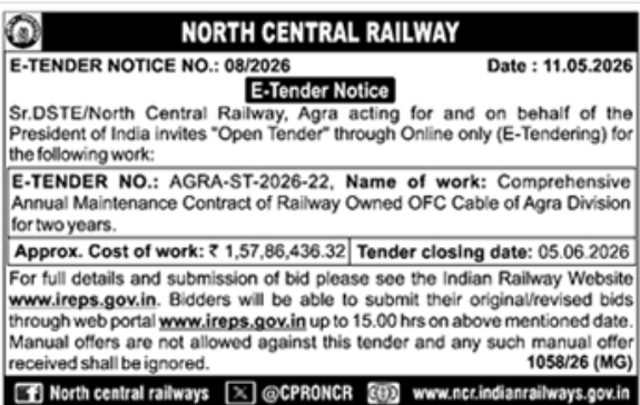 E-Tender Notice: OFC Cable Maintenance at North Central Railway