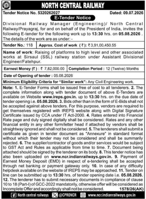 E-Tender Notice: Platform Raising Works (North Central Railway)