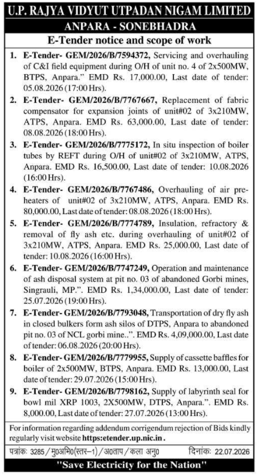 E-Tender Notice: Power Plant Overhauling & Maintenance (UPRVUNL)