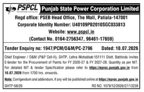E-Tender Notice: Procurement of Paints