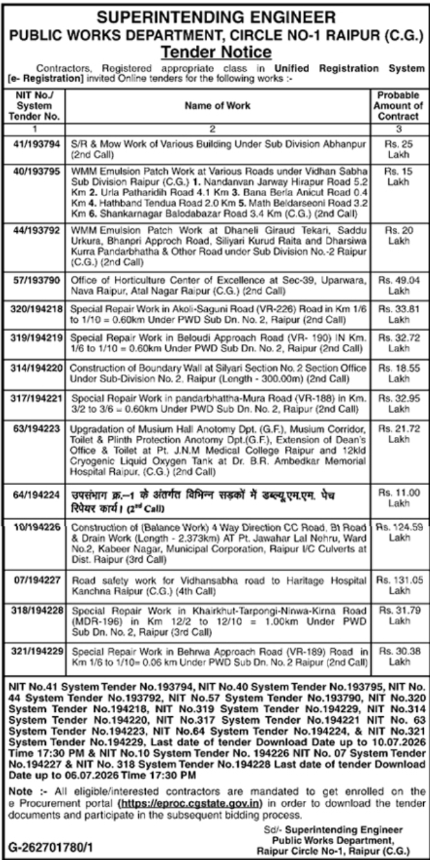 E-Tender Notice: Public Infrastructure and Road Works under PWD Raipur Circle-1