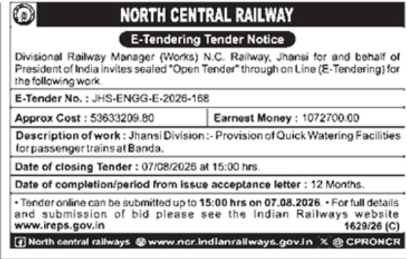 E-Tender Notice: Quick Watering Facilities Provision Work North Central Railway, Jhansi