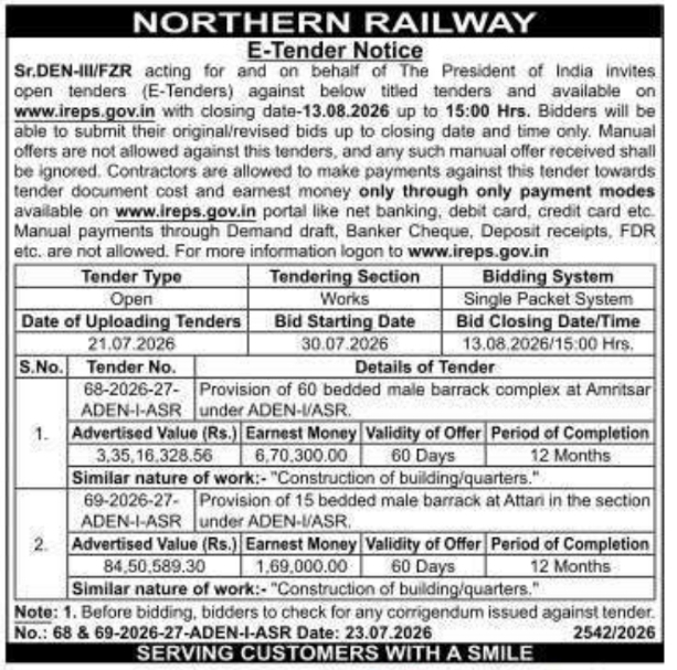 E-Tender Notice: Railway Barrack Complex Construction
