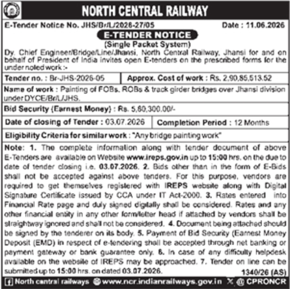 E-Tender Notice: Railway Bridges & FOB Painting Works