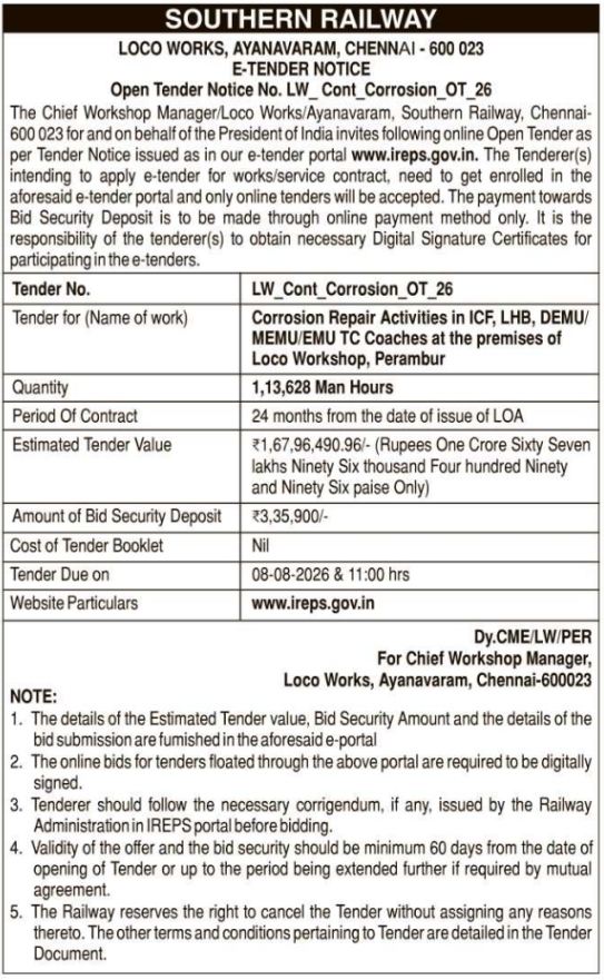 E-Tender Notice: Railway Coach Corrosion Repair Activities