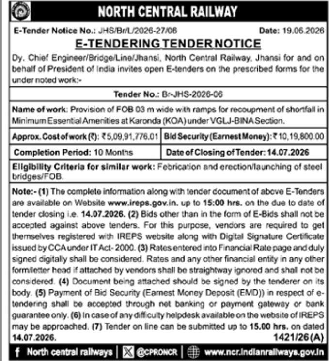 E-Tender Notice: Railway FOB Provision in VGLJ-BINA Section