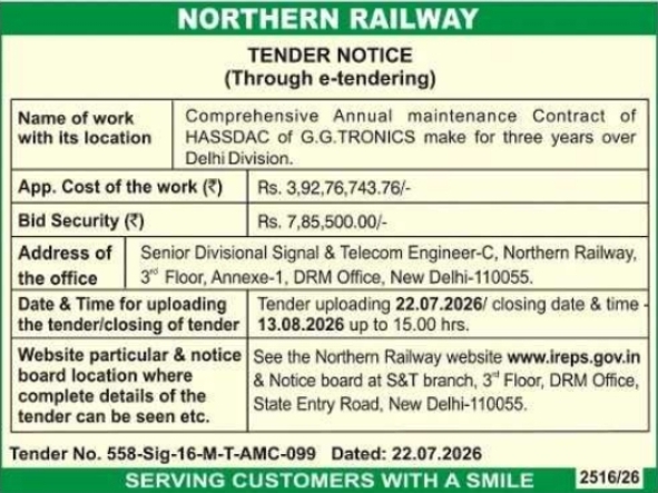 E-Tender Notice: Railway HASSDAC Annual Maintenance Contract