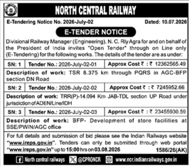 E-Tender Notice: Railway Infrastructure Works, North Central Railway Agra