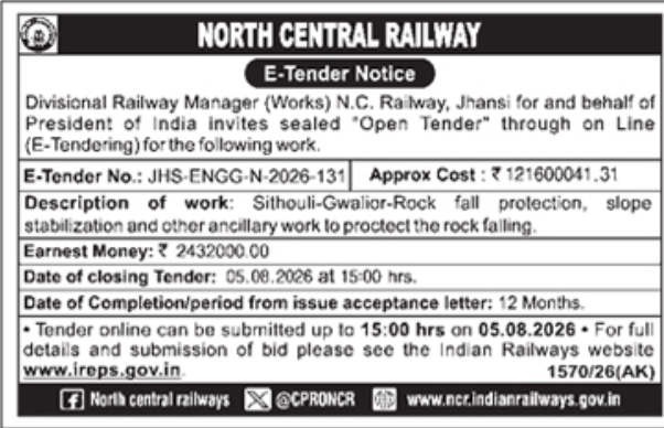 E-Tender Notice: Railway Rock Fall Protection & Slope Stabilization