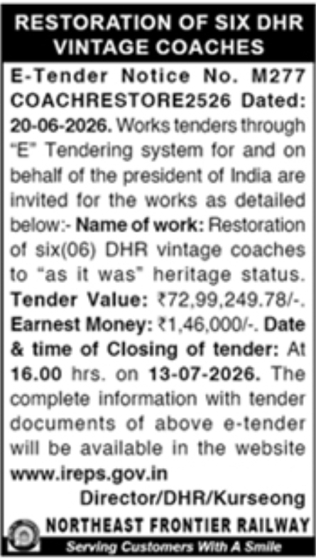 E-Tender Notice: Restoration of Six DHR Vintage Coaches