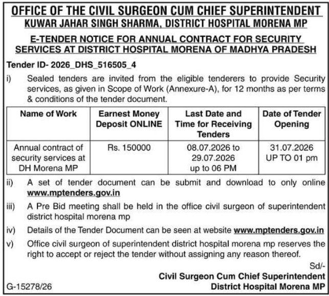 E-Tender Notice: Security Services at District Hospital Morena, MP
