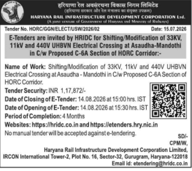 E-Tender Notice: Shifting/Modification of UHBVN Electrical Crossings