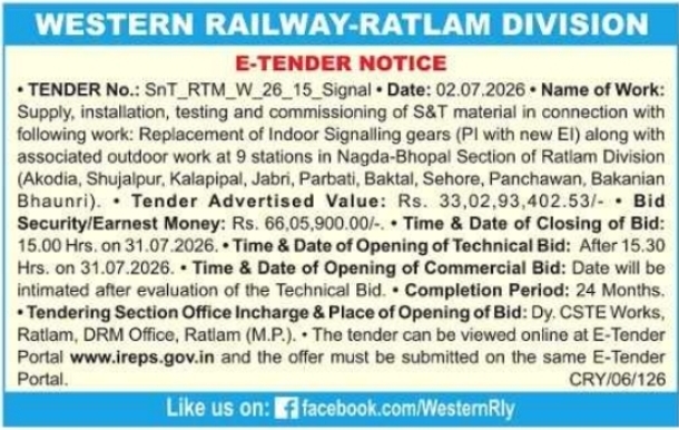 E-Tender Notice: Signalling Infrastructure Work at Western Railway-Ratlam Division