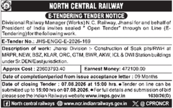 E-Tender Notice: Soak Pits/RWH Construction Work North Central Railway, Jhansi