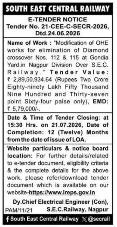 E-Tender Notice: South East Central Railway, Nagpur Division