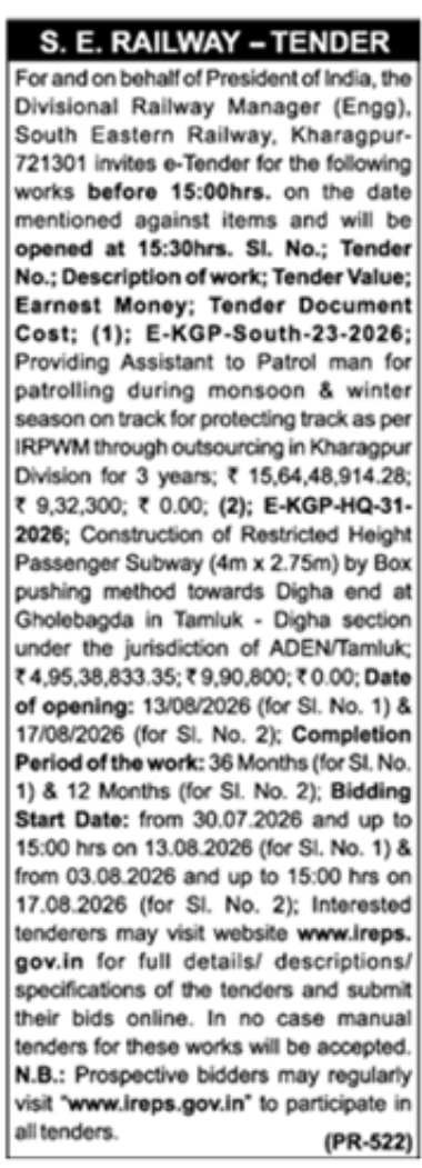 E-Tender Notice: South Eastern Railway Infrastructure and Patrol Works