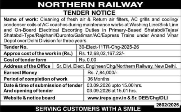 E-Tender Notification for AC Coach Maintenance Services by Northern Railway