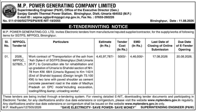 E-Tender Notification for Ash Transportation by MPPGCL Birsinghpur