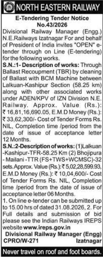 E-Tender Notification for Ballast Recoupment and Track Renewals by NER