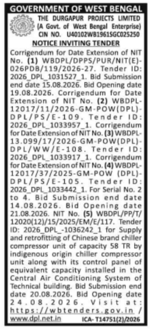 E-Tender Notification for Chiller Compressor Retrofitting by DPL West Bengal